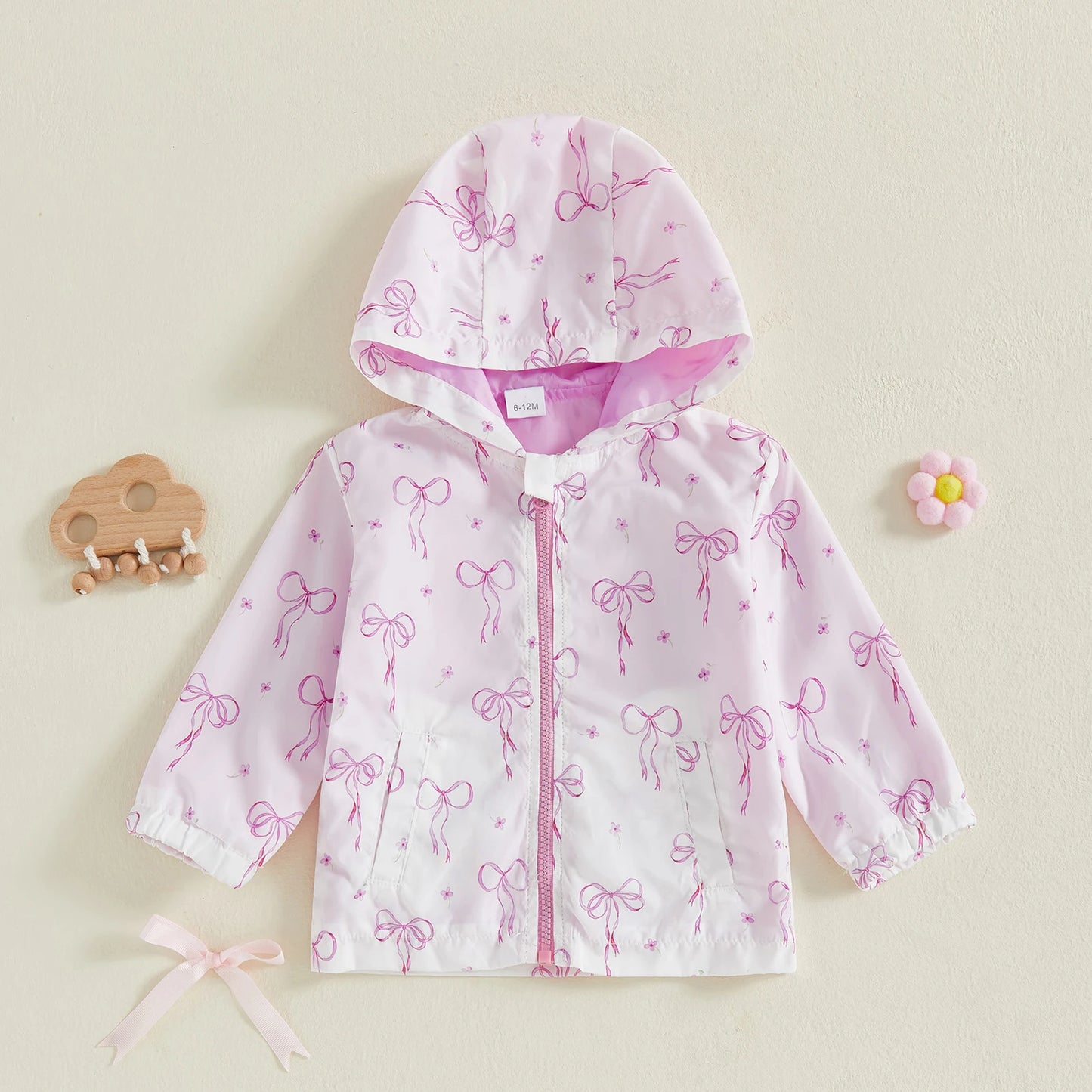 Cute Baby Girls Floral Print Hooded Jacket with Bow Detail and Zipper Closure - Stylish Outerwear for Fall and Winter