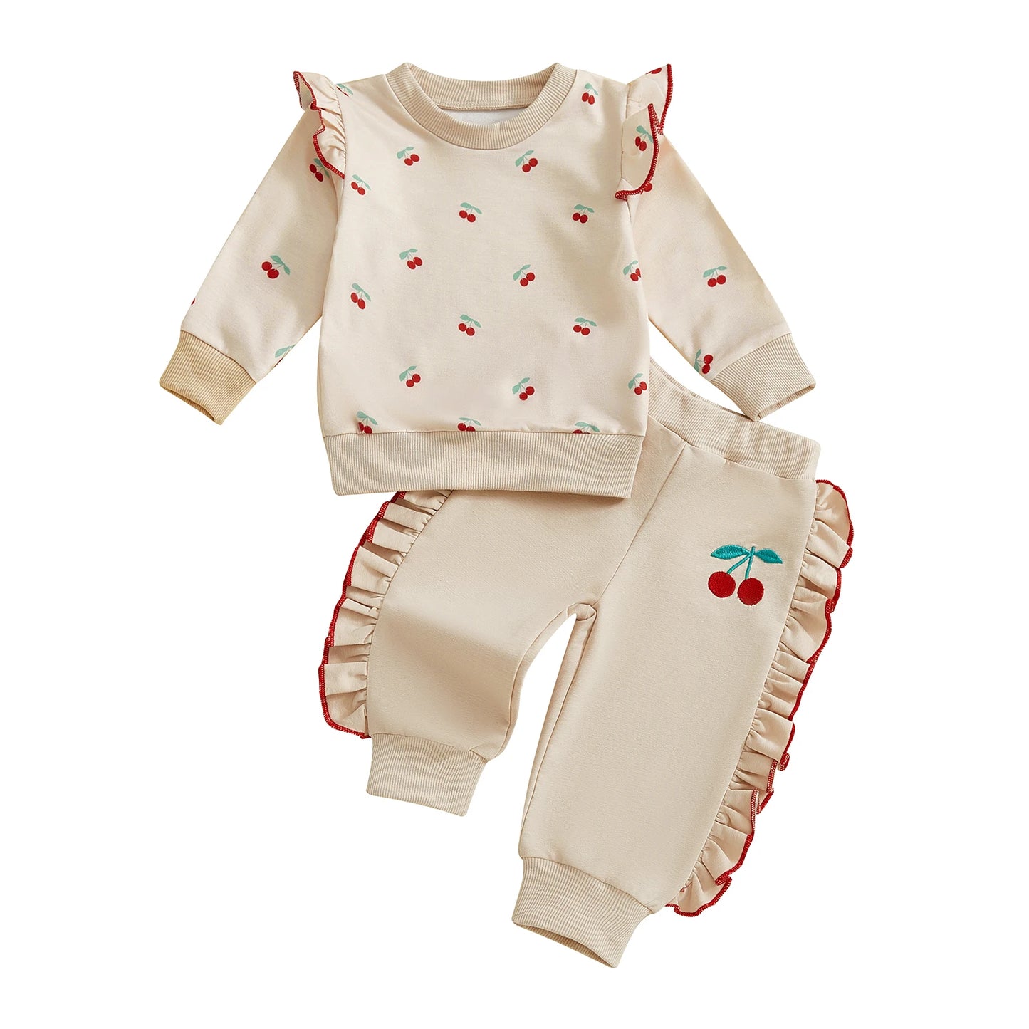 Adorable Infant Girl Clothing Set with Cute Ruffle Cherry Print Sweatshirt and Pants Perfect for Fall and Winter Seasons 2