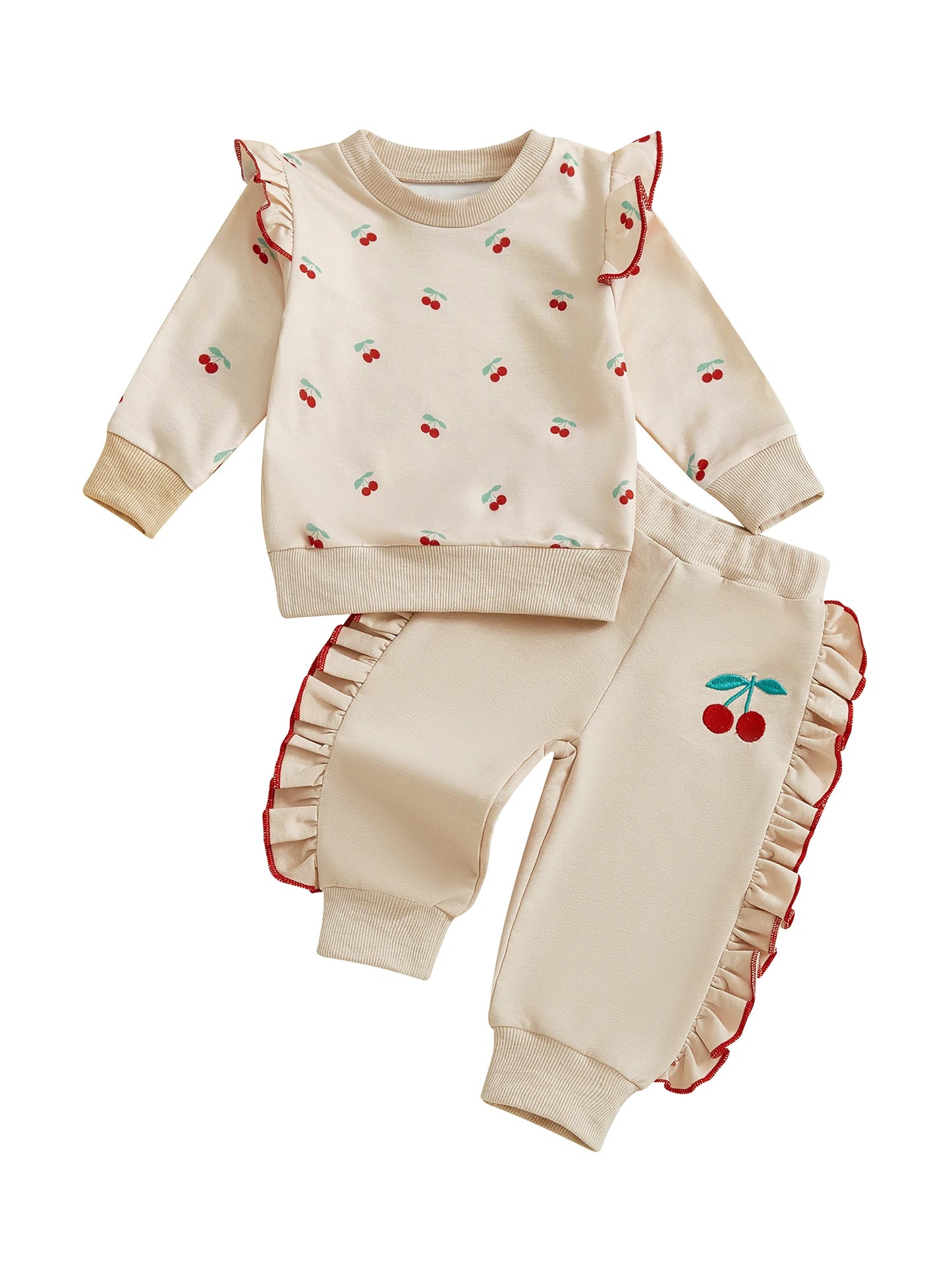 Adorable Infant Girl Clothing Set with Cute Ruffle Cherry Print Sweatshirt and Pants Perfect for Fall and Winter Seasons 2