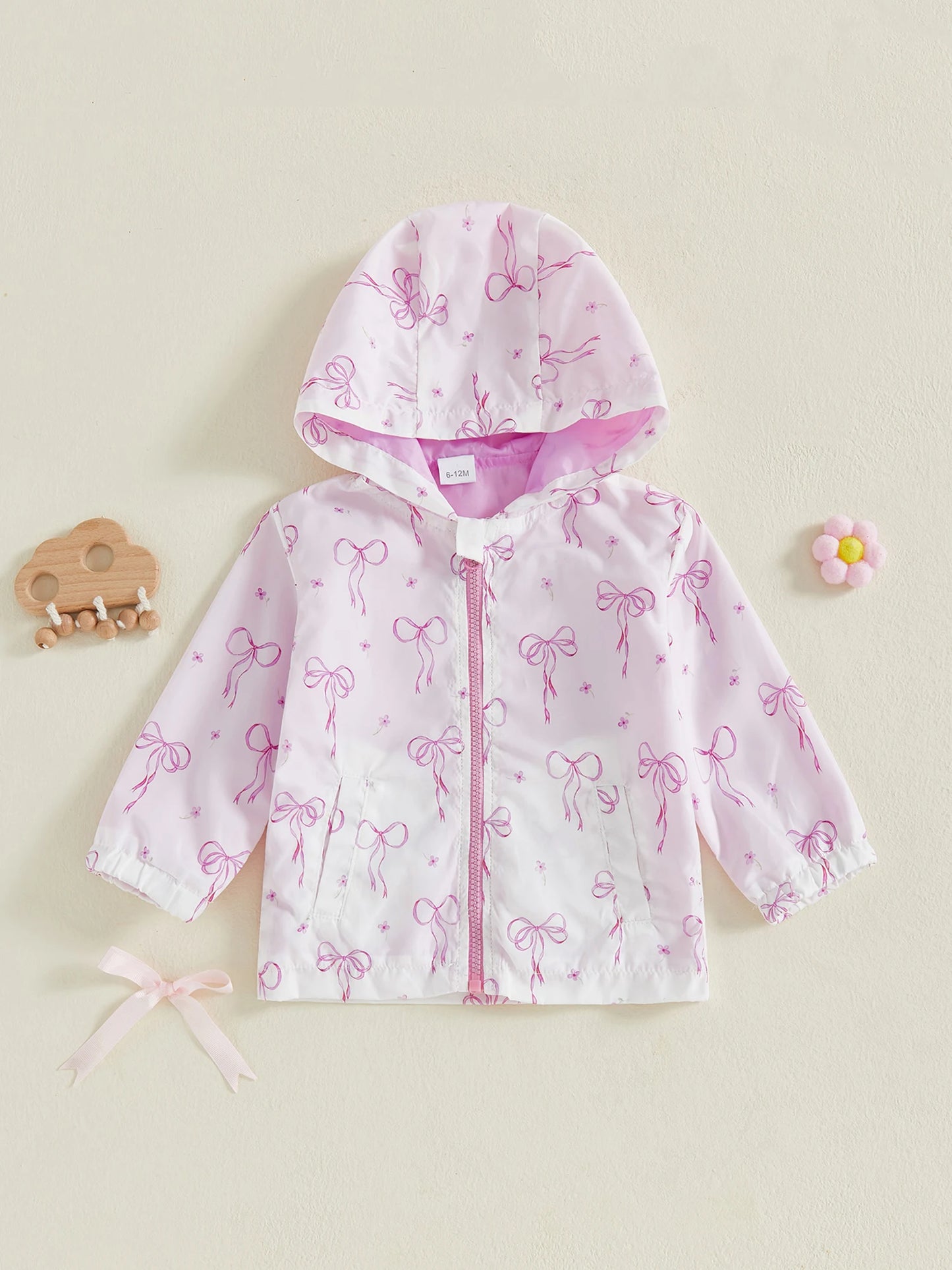 Cute Baby Girls Floral Print Hooded Jacket with Bow Detail and Zipper Closure - Stylish Outerwear for Fall and Winter